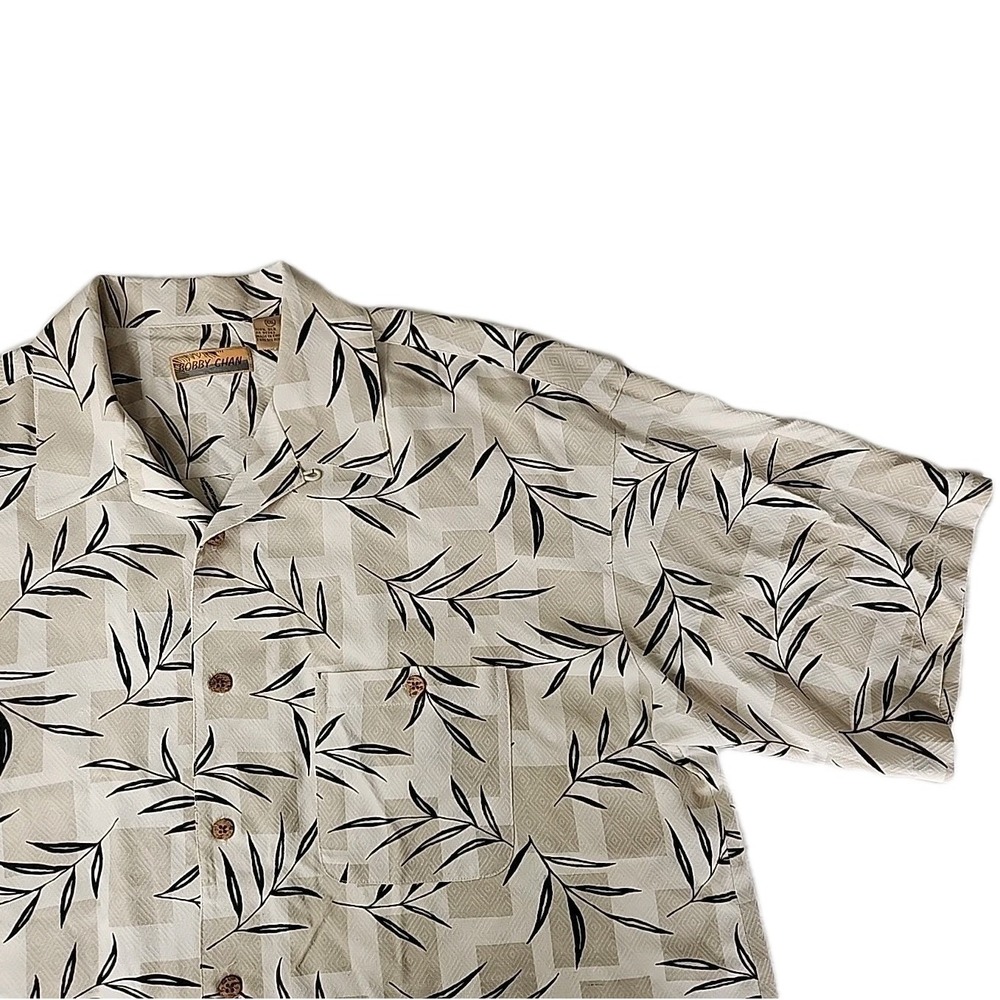 Bobby Chan Men's 2XL 100% Silk Hawaiian Ivory/Brown AOP Palm Leaf Camp Shirt EUC